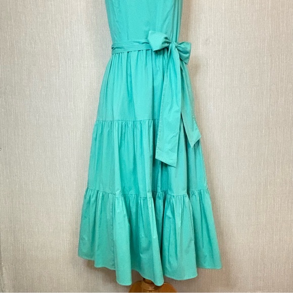 TAHARI Turquoise Tiered Pleated Stretch Cotton Poplin Tie Back Belt Maxi Dress - Picture 3 of 11